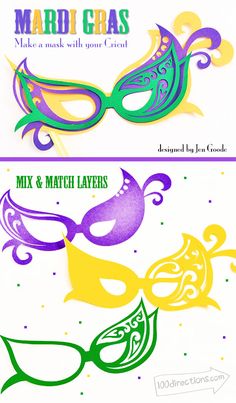 two mardi gras masks with the words mix and match layers in each one