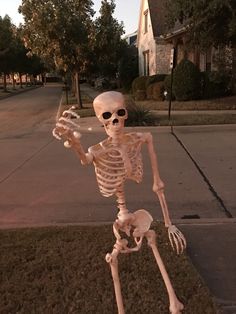 a fake skeleton is standing in the grass