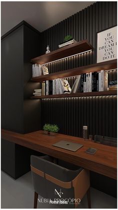 an office with black walls and shelvings on the wall, along with a wooden desk