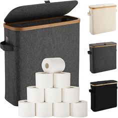 several rolls of toilet paper are stacked on top of each other in front of a case