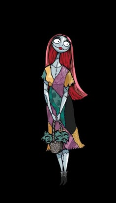 a cartoon character with long red hair wearing a dress and holding a basket in her hand