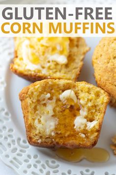 three muffins on a white plate with the words gluten - free corn muffins