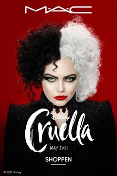 the poster for disney's cruela show is shown in black and white hair