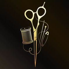 a pair of scissors, thread and spools on a black background with gold foil