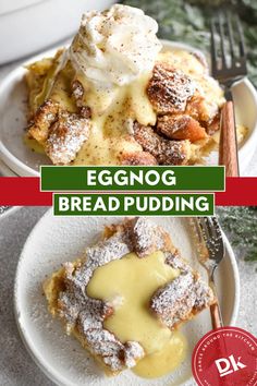 eggnog bread pudding on a white plate