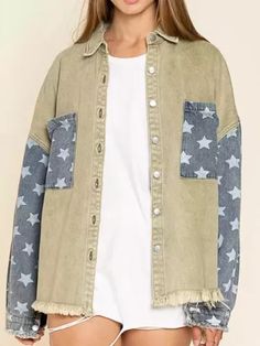 Women's Printed Stitched Pockets Fringe Denim Jacket Denim Khaki Outerwear With Pockets, Dark Wash Long Sleeve Denim Jacket With Patches, Long Sleeve Medium Wash Outerwear With Patches, Dark Wash Denim Jacket With Patches, Fringe Denim Jacket, Autumn Jacket Women, Cheap Clothing, Cheap Jacket, Winter Collars