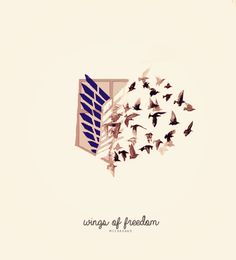 a flock of birds flying in the air next to a window with wings of freedom written on it