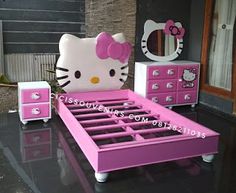 hello kitty bedroom furniture set with pink and white bed, nightstands and chest of drawers