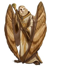 an owl is holding a staff and wearing a robe with its wings spread wide open