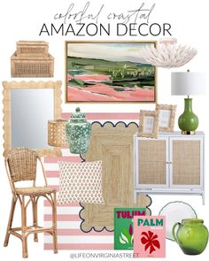 a collage of colorful furniture and decor