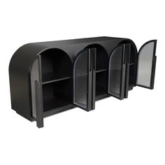 three black shelves with doors open on each side