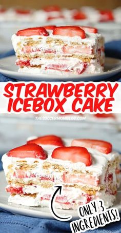 strawberry icebox cake on a plate with the title overlay