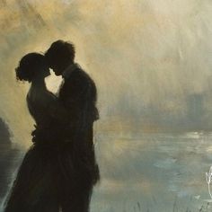 a painting of two people standing next to each other in front of a body of water