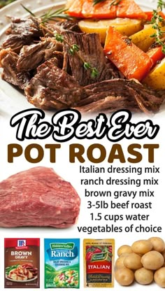 an advertisement for the berwer pot roast with potatoes and carrots on it