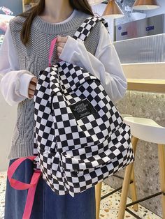 Black and White Preppy Collar  Polyamide Colorblock,Letter,Plaid Classic Backpack Embellished   Women Bags School Bag Essentials, Functional Backpack, Bag Obsession, Backpack For Teens, College Bags, Checkered Print, College Backpack, Checker Print, Fashionista Clothes