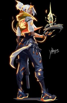 the character is holding an object in his right hand and wearing a helmet with flames on it