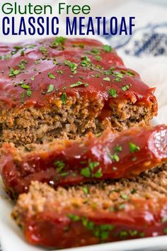 meatloaf on a plate with ketchup and parsley