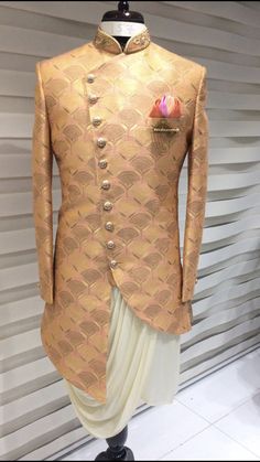 Peach sherwani with Gold draped kurta! Fabric - Silk Size - 38, 42 Other sizes are available via order. 90 days delivery! Traditional Peach Kurta With Drape, Traditional Peach Kurta With Traditional Drape, Festive Peach Kurta With Traditional Drape, Designer Pink Traditional Wear With Traditional Drape, Pink Sherwani With Traditional Drape For Formal Occasions, Designer Fitted Pink Sherwani, Peach Long Sleeve Kurta For Wedding, Designer Gold Kurta With Traditional Drape, Marriage Dress For Men