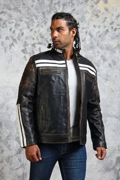 Black and white striped jacket made finest quality real leather. This biker jacket features distressed leather with white stripes. 4 front zipper pockets with stand collar this jacket makes a smart casual mens outfit. For more winter jacket mens and christmas gifts for him visit AlexGear.com Meghan Markle Outfits, Batman Costumes, Black Leather Motorcycle Jacket, Vegetable Leather, Christmas Gifts For Him, Striped Jacket, Leather Motorcycle Jacket