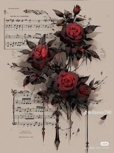 three red roses on top of sheet music with musical notes in the backround