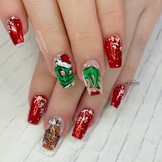 Grinch nails, coffin nails, winter nails, christmas nails, red nails, glitter nails Grinch Nails Acrylic, Coffin Nails Winter, Christmas Nails Red, Grinch Nails, Kids Nail Designs, Red Nails Glitter, Winter Nails Acrylic