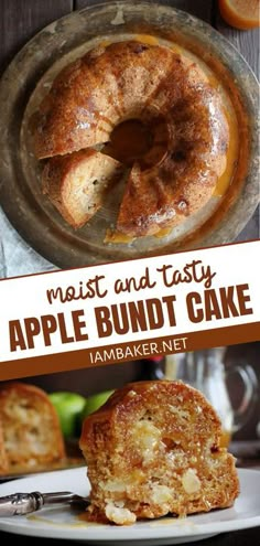 an apple bundt cake on a plate with the words, moist and tasty