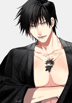 an anime guy with black hair and no shirt