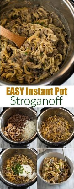 easy instant pot stroganonoff recipe is shown in four different pictures, including one being cooked and the other being cooked