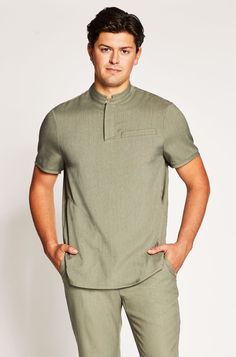 This faux linen is soft, stretch and natural feeling, but engineered to perform as a uniform. The Rio Tunic features a straight cut fit and center back box pleat to compliment the male figure. The side slits allow for added mobility while on-the-job. Men Scrubs, Linen Looks, Spa Uniform, Medical Scrubs Outfit, Green Scrubs, Doctor Outfit, Scrubs Outfit, Hospitality Uniform, Spa Wellness