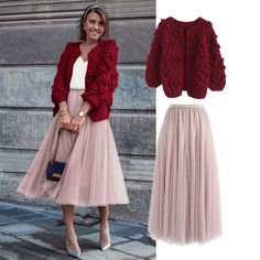 Knit Your Love Cardigan in Wine - Retro, Indie and Unique Fashion Gonna Tulle, Pink Skirt Outfits, Ținute Business Casual, November Outfits, Tulle Skirts Outfit, Winter Wedding Outfits, Gonna In Tulle, Tulle Skirt Dress, Tulle Maxi Skirt