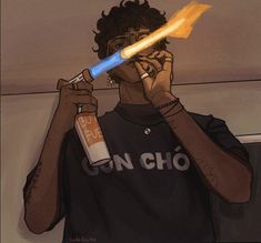 a drawing of a man holding a lighter in his mouth