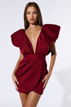 IRREPLACEABLE RUFFLE SLEEVE TULIP HEM MINI DRESS IN BURGUNDY All Black Fits, Short Wrap Dress, Wrap Dress Short, Tulip Sleeve, Ruffle Sleeves, Black Fits, Plunging Neckline, All Black, Tulips