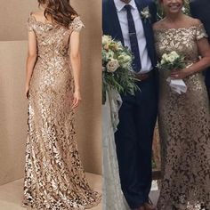 two pictures of people in formal wear and one is wearing a dress with flowers on it