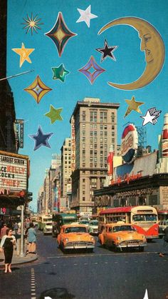 an old photo of cars driving down the street with stars and moon decorations above them