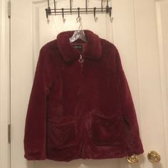 Nwt. Fuzzy Faux Fur Red/Maroon Zip Up Coat/Jacket. Perfect For Fall/Winter Weather. Size: Large Self: 100% Polyester Faux Fur Lining: 100% Polyester Burgundy Winter Outerwear For Cold Weather, Cozy Burgundy Winter Outerwear, Red Faux Fur Outerwear For Fall, Red Faux Fur Long Sleeve Outerwear, Navy Blue Linen, Red Maroon, Long Trench Coat, Cotton Blazer, Vest Coat