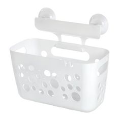 a white plastic basket with handles and holes on the side, for soap or toothpaste