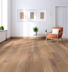 a living room with hardwood floors and pictures on the wall