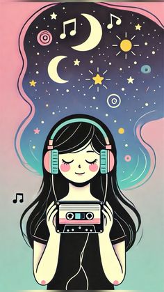 girl listening to music with headphones and holding a camera in front of her face