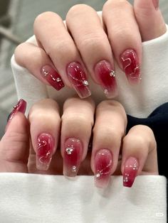 Nails Wine Red Jelly Nails, Stylish Red Nails, Asian Nails Red, Red Nails Douyin, Red Fade Nails, Red Jelly Nails Design, Red Blush Nails, Red Nails Korean, Red Jelly Nails Acrylic