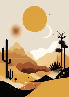 a desert scene with mountains, trees and sun in the sky is featured on this phone wallpaper