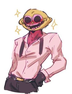 a drawing of a person wearing a pink shirt and black pants with an alien head