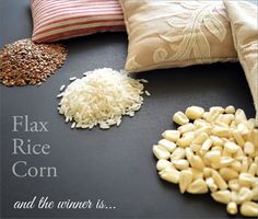 corn, flour, and other ingredients on a black surface with text that reads flax rice corn and the winner is