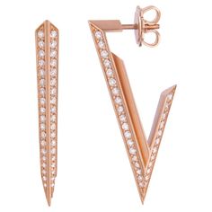 Large Earrings crafted in 18K Rose Gold & White Diamonds 0.85 ct. 18K Matt Rose Gold 10.18 gr. Hand crafted and made in Italy. Gemstones are natural and not treated. Design is inspired by sacred geometry - the triangle. Triangles are a powerful shape in sacred geometry. As other three-part symbols, they represent concepts such as past, present, future or spirit, mind and body. Please contact for more images / videos. Luxury Diamond Cut Linear Earrings, Luxury Rose Gold Linear Earrings, White Gold Linear Diamond-cut Earrings, Luxury Exquisite Brilliant-cut Earrings, Luxury Diamond-cut Linear Earrings, Earring Crafts, Triangles, Large Earrings, White Rose Gold