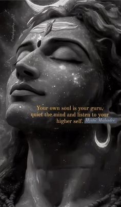 a statue with a quote on it that says your own soul is your guru, quiet the mind and listen to your higher self