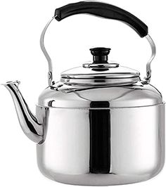 a stainless steel tea kettle with a black handle on the top and bottom, in front of a white background