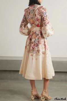 Olivia Mark - Stylish Vacation Outfit Floral Print Mandarin Collar Dress with Belt Mandarin Collar Dress, Dress With Floral Print, Patterned Midi Dress, Linen Midi Dress, Printed Linen, Vacation Outfits, Collar Dress, Mandarin Collar, Fitted Bodice