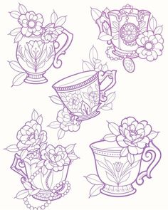 four tea cups with flowers and leaves on the top one is drawn in purple ink