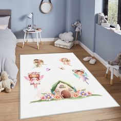 a child's bedroom with blue walls and flooring, including a white rug