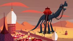 a stylized illustration of a camel in front of a desert landscape with buildings and mountains