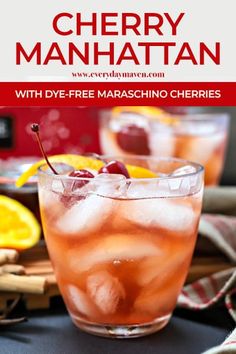 cherry manhattan cocktail with dry - free maschin cherries on the rim and lemon wedges